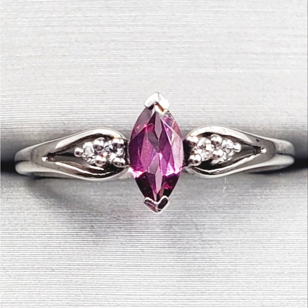 Genuine Marquise Amethyst & Round Zircon 925 Sterling Silver Dainty Ring
